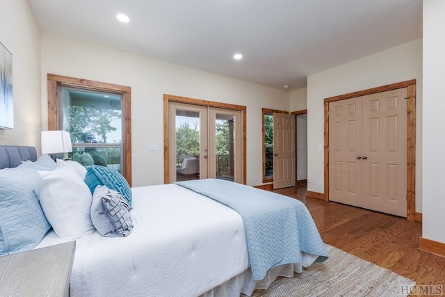 bedroom featuring hardwood / wood-style flooring, access to exterior, and a closet