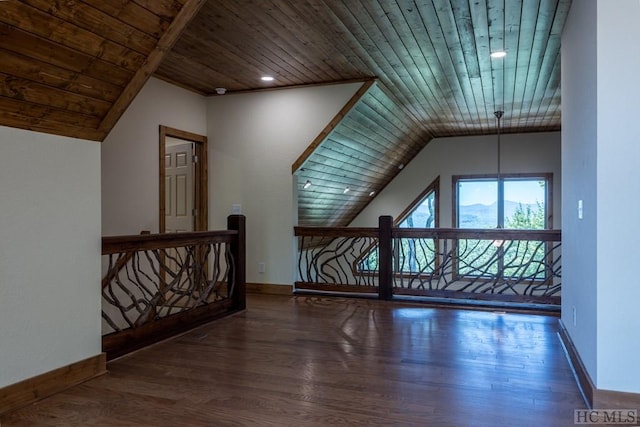 bonus room with vaulted ceiling, dark wood-type flooring, and wooden ceiling