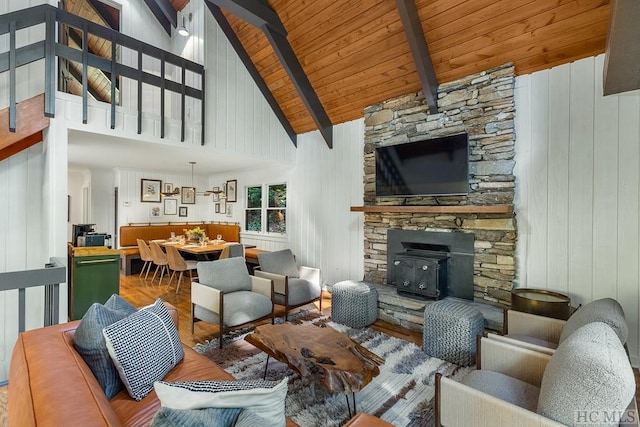 living room with wood ceiling, wooden walls, high vaulted ceiling, and beamed ceiling