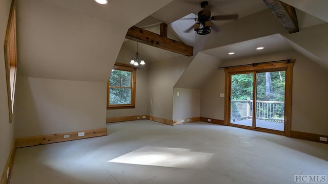 additional living space with ceiling fan with notable chandelier and lofted ceiling with beams