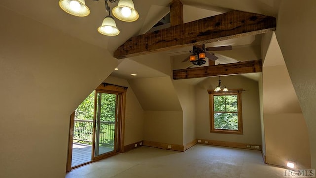 additional living space featuring lofted ceiling and ceiling fan