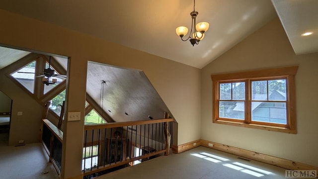 bonus room featuring lofted ceiling, ceiling fan with notable chandelier, and carpet