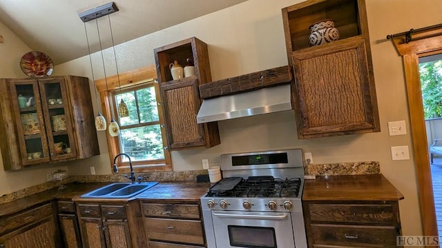 kitchen with a wealth of natural light, pendant lighting, range hood, sink, and stainless steel gas range