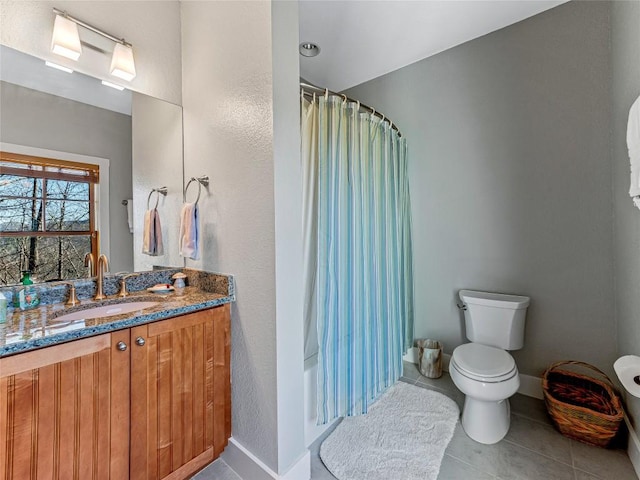 130 Cross Vine Dr, Tuckasegee, NC 28783 - bathroom featuring baseboards, toilet, shower / tub combo with curtain, tile patterned floors, and vanity