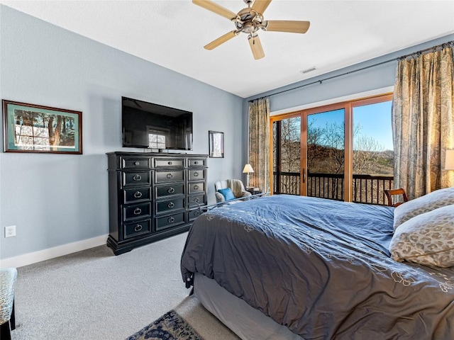 130 Cross Vine Dr, Tuckasegee, NC 28783 - bedroom featuring ceiling fan, carpet floors, visible vents, baseboards, and access to outside