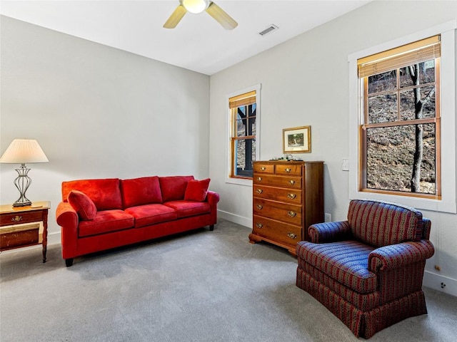 130 Cross Vine Dr, Tuckasegee, NC 28783 - living area featuring a ceiling fan, carpet, visible vents, and baseboards