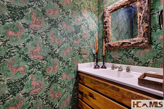 129 Cedar Creek Rd, Glenville, NC 28736 - bathroom with wallpapered walls and vanity