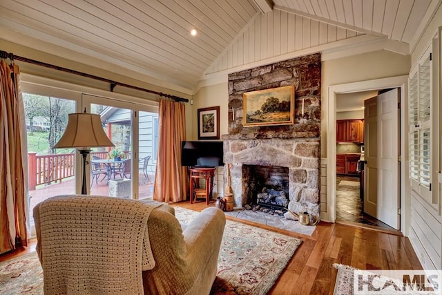 129 Cedar Creek Rd, Glenville, NC 28736 - living room with lofted ceiling, wood ceiling, a fireplace, and wood-type flooring