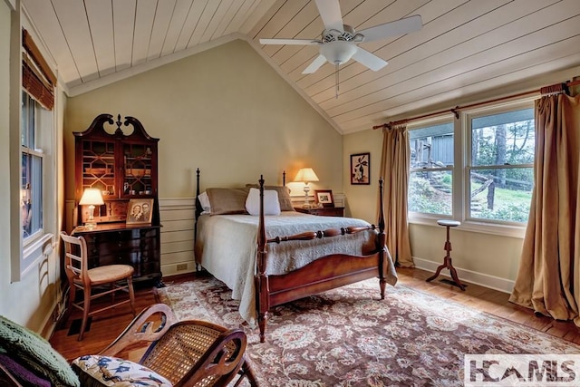 129 Cedar Creek Rd, Glenville, NC 28736 - bedroom featuring wood finished floors, lofted ceiling, ceiling fan, wood ceiling, and a bar