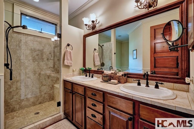 129 Cedar Creek Rd, Glenville, NC 28736 - bathroom featuring a shower stall, ornamental molding, double vanity, and a chandelier