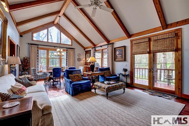 129 Cedar Creek Rd, Glenville, NC 28736 - living area with a chandelier, wood finished floors, beam ceiling, a ceiling fan, and high vaulted ceiling