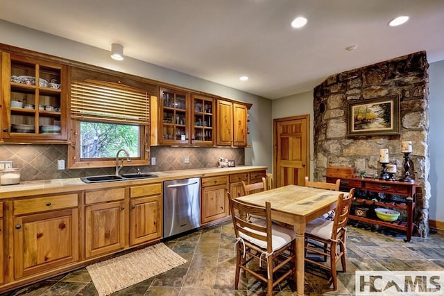 129 Cedar Creek Rd, Glenville, NC 28736 - kitchen featuring dishwasher, brown cabinetry, backsplash, glass insert cabinets, and recessed lighting