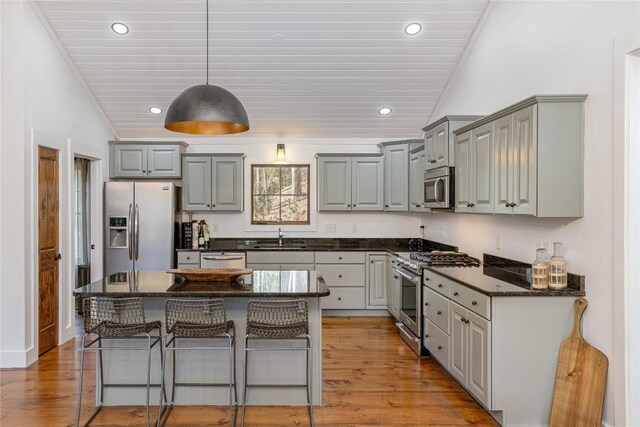 1034 E Rochester Dr, Cashiers, NC 28717 - kitchen with stainless steel appliances, gray cabinets, a sink, recessed lighting, and light wood-style flooring