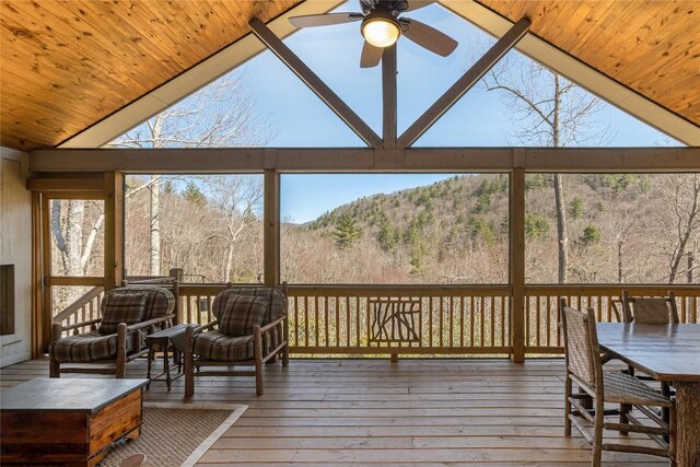 1034 E Rochester Dr, Cashiers, NC 28717 - sunroom / solarium with vaulted ceiling, a ceiling fan, a mountain view, and healthy amount of natural light
