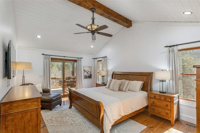 1034 E Rochester Dr, Cashiers, NC 28717 - bedroom with access to exterior, light wood finished floors, a ceiling fan, recessed lighting, and wood ceiling