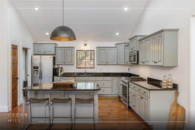 1034 E Rochester Dr, Cashiers, NC 28717 - kitchen with stainless steel appliances, gray cabinetry, a sink, wood finished floors, and a kitchen breakfast bar