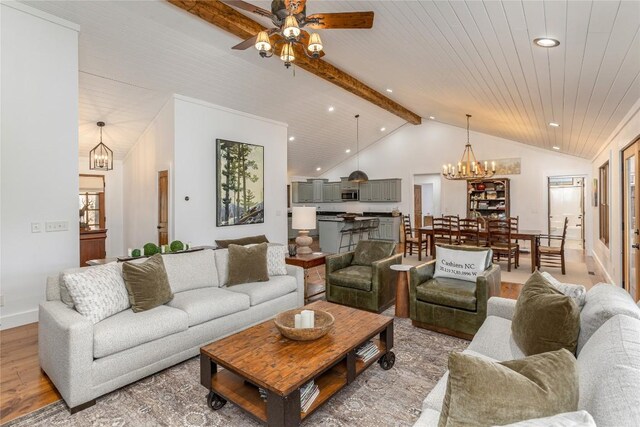 1034 E Rochester Dr, Cashiers, NC 28717 - living room featuring ceiling fan, light wood-style floors, a chandelier, recessed lighting, and baseboards