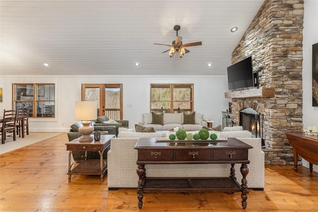1034 E Rochester Dr, Cashiers, NC 28717 - living area with a ceiling fan, crown molding, light wood-type flooring, a fireplace, and recessed lighting