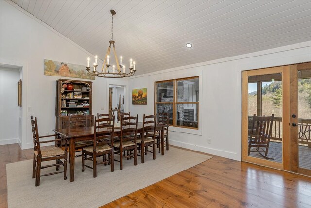 1034 E Rochester Dr, Cashiers, NC 28717 - dining area featuring vaulted ceiling, a chandelier, wood ceiling, wood finished floors, and baseboards