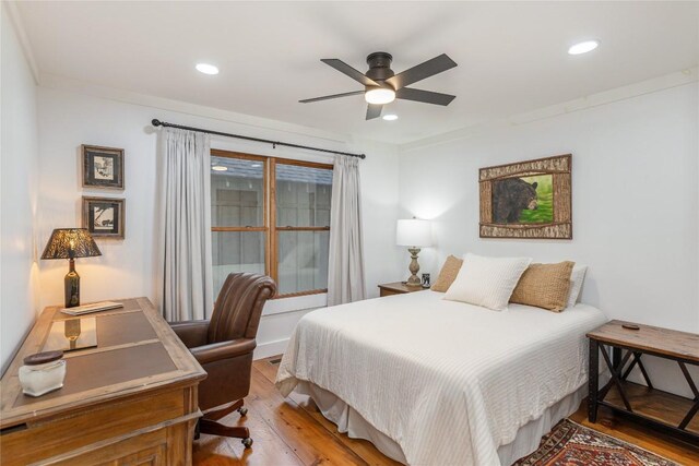 1034 E Rochester Dr, Cashiers, NC 28717 - bedroom featuring recessed lighting, light wood-style flooring, an office area, and ceiling fan