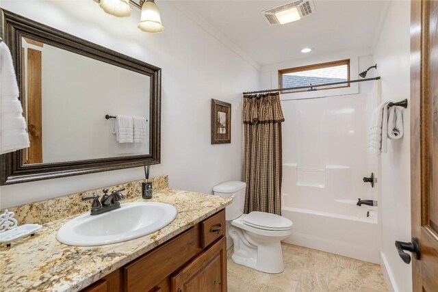 1034 E Rochester Dr, Cashiers, NC 28717 - full bath featuring toilet, vanity, shower / tub combo, and ornamental molding