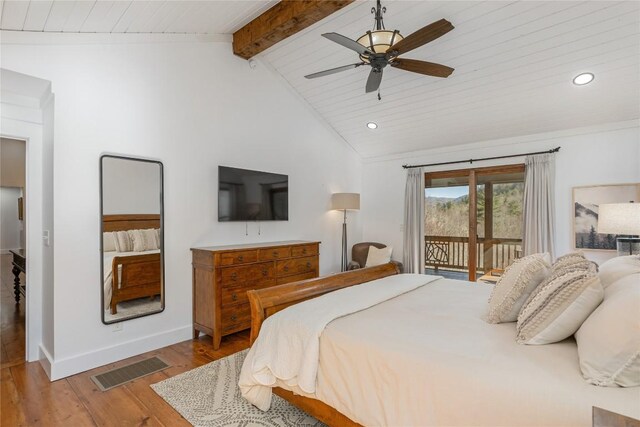1034 E Rochester Dr, Cashiers, NC 28717 - bedroom with access to exterior, wood finished floors, recessed lighting, baseboards, and wood ceiling