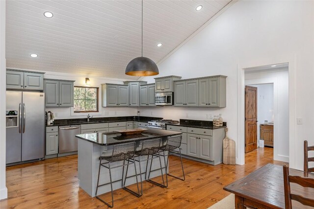 1034 E Rochester Dr, Cashiers, NC 28717 - kitchen featuring stainless steel appliances, gray cabinets, high vaulted ceiling, dark countertops, and wood ceiling