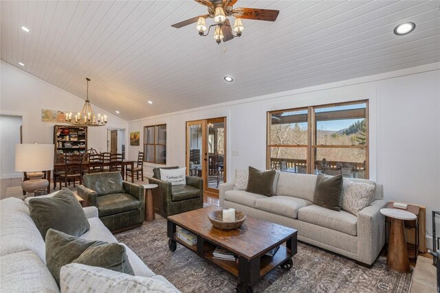 1034 E Rochester Dr, Cashiers, NC 28717 - living area with lofted ceiling, a chandelier, ceiling fan, recessed lighting, and wood ceiling