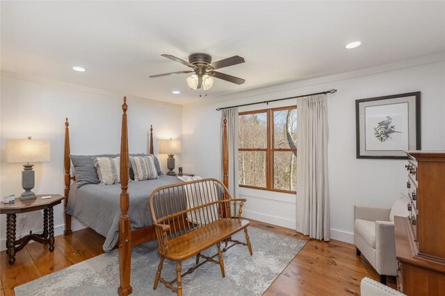 1034 E Rochester Dr, Cashiers, NC 28717 - bedroom featuring light wood-type flooring, baseboards, recessed lighting, and a ceiling fan
