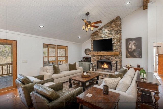 1034 E Rochester Dr, Cashiers, NC 28717 - living area with ceiling fan, wood finished floors, a stone fireplace, high vaulted ceiling, and wooden ceiling