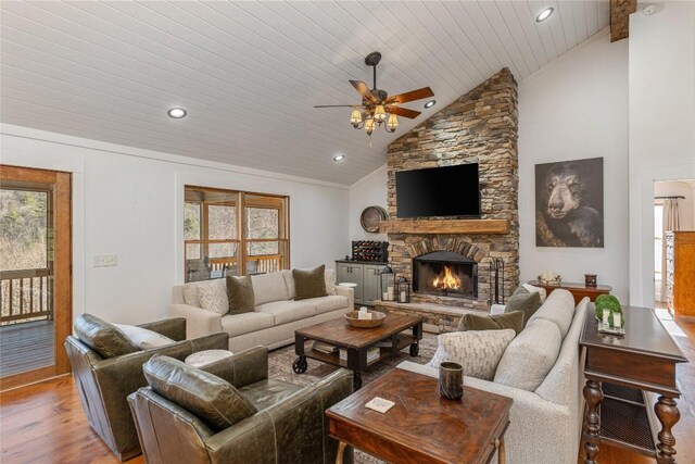 1034 E Rochester Dr, Cashiers, NC 28717 - living room featuring wood finished floors, ceiling fan, wood ceiling, a stone fireplace, and recessed lighting
