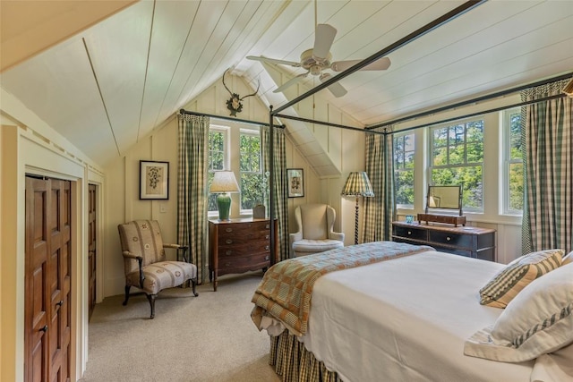 131 Big Creek Ln, Highlands, NC 28741 - bedroom with light carpet, lofted ceiling, and ceiling fan