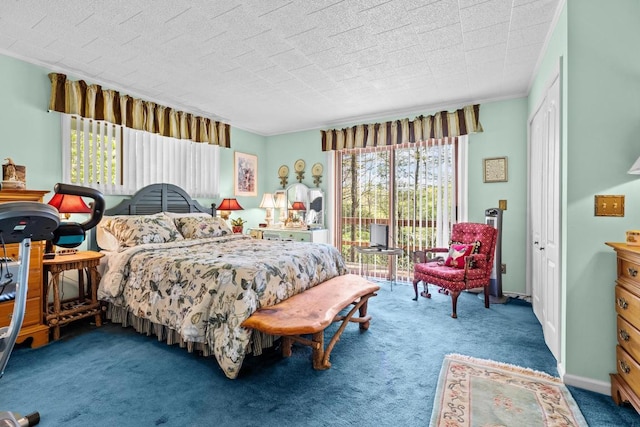 bedroom featuring carpet floors, multiple windows, and access to outside