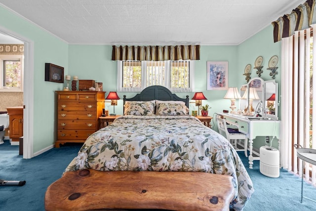 bedroom featuring carpet floors and ornamental molding