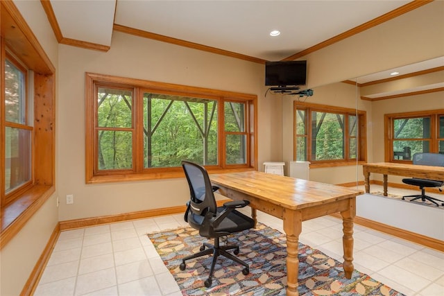 614 Fairway Dr, Lake Toxaway, NC 28747 - home office featuring healthy amount of natural light, light tile patterned floors, ornamental molding, and recessed lighting