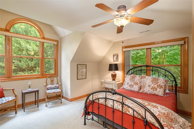 614 Fairway Dr, Lake Toxaway, NC 28747 - bedroom featuring carpet flooring, lofted ceiling, and a ceiling fan