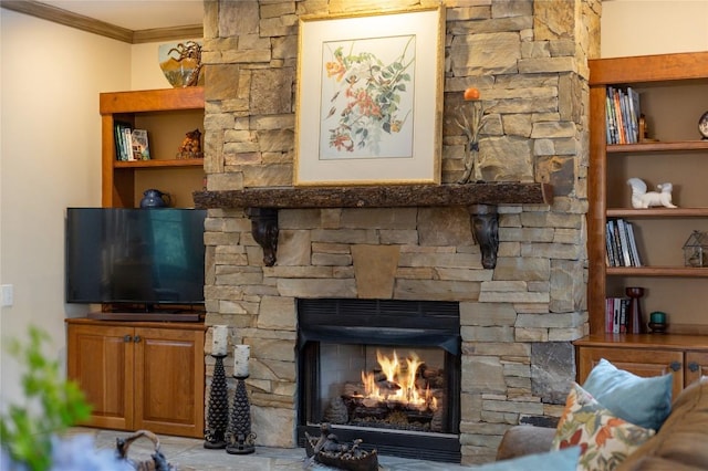 614 Fairway Dr, Lake Toxaway, NC 28747 - living area with ornamental molding and a fireplace