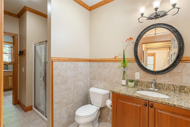 614 Fairway Dr, Lake Toxaway, NC 28747 - bathroom with ornamental molding, vanity, tile patterned flooring, a stall shower, and tile walls