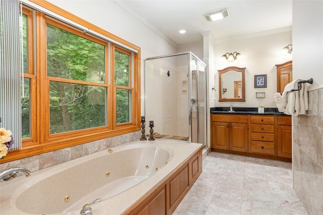 614 Fairway Dr, Lake Toxaway, NC 28747 - full bath with a stall shower, vanity, crown molding, a whirlpool tub, and marble finish floors