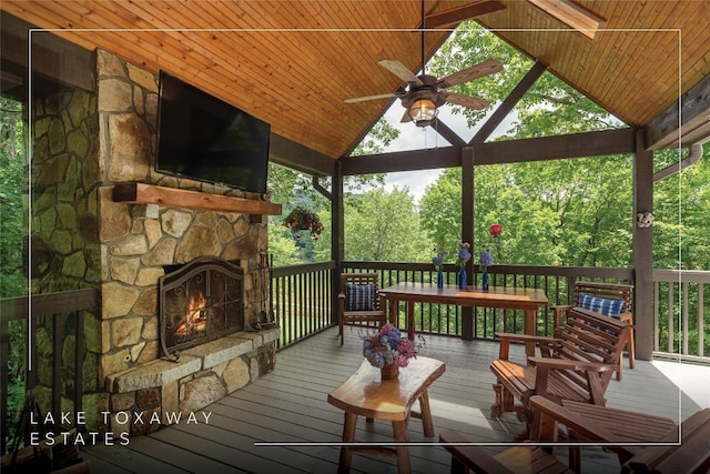 614 Fairway Dr, Lake Toxaway, NC 28747 - wooden deck featuring a stone fireplace, ceiling fan, and a gazebo