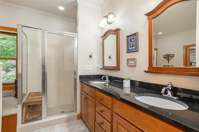 614 Fairway Dr, Lake Toxaway, NC 28747 - bathroom featuring crown molding, double vanity, a stall shower, and recessed lighting