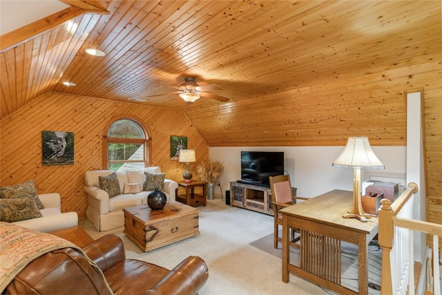 614 Fairway Dr, Lake Toxaway, NC 28747 - carpeted living area with vaulted ceiling, wood ceiling, ceiling fan, and wooden walls