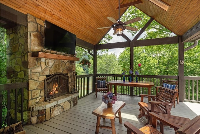 614 Fairway Dr, Lake Toxaway, NC 28747 - wooden terrace featuring an outdoor stone fireplace, a ceiling fan, and a gazebo