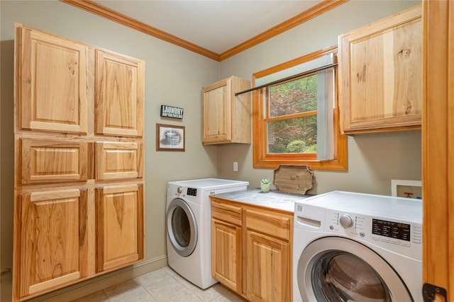 614 Fairway Dr, Lake Toxaway, NC 28747 - washroom with cabinet space, crown molding, washer and dryer, and light tile patterned flooring