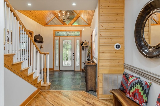 614 Fairway Dr, Lake Toxaway, NC 28747 - entrance foyer featuring a chandelier, recessed lighting, stairs, and wood finished floors