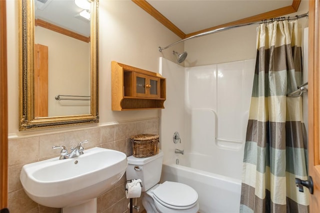 614 Fairway Dr, Lake Toxaway, NC 28747 - full bath with ornamental molding, shower / bathtub combination with curtain, and tile walls
