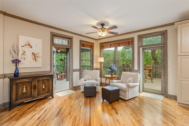 614 Fairway Dr, Lake Toxaway, NC 28747 - living area featuring crown molding, light wood-style floors, and ceiling fan