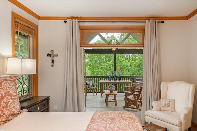 614 Fairway Dr, Lake Toxaway, NC 28747 - bedroom with access to outside, multiple windows, wood finished floors, and crown molding