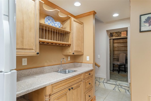 614 Fairway Dr, Lake Toxaway, NC 28747 - kitchen featuring freestanding refrigerator, light countertops, light tile patterned floors, recessed lighting, and open shelves