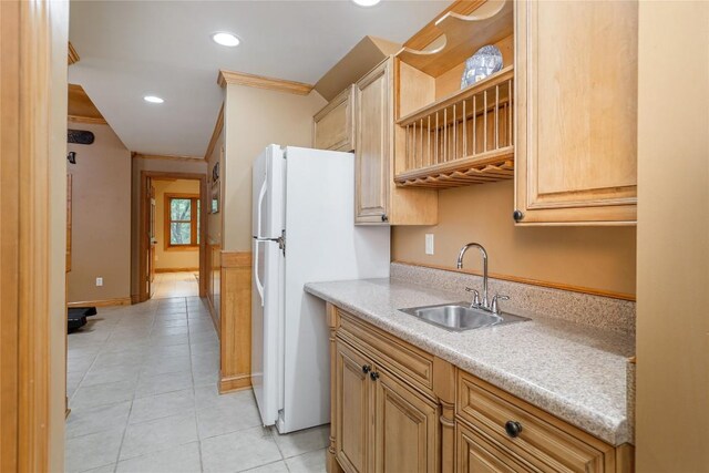 614 Fairway Dr, Lake Toxaway, NC 28747 - kitchen featuring light tile patterned floors, freestanding refrigerator, light countertops, recessed lighting, and open shelves